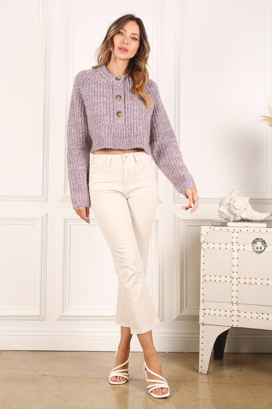 TEEK - Melange Texture Three Button Sweater Top SWEATER TEEK FG   
