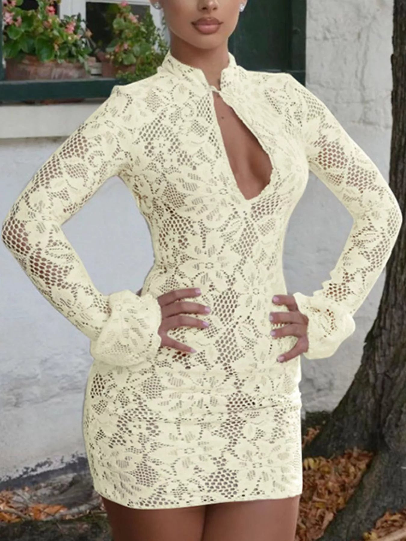 Lace Cutout Long Sleeve Mini Dress Trendsi