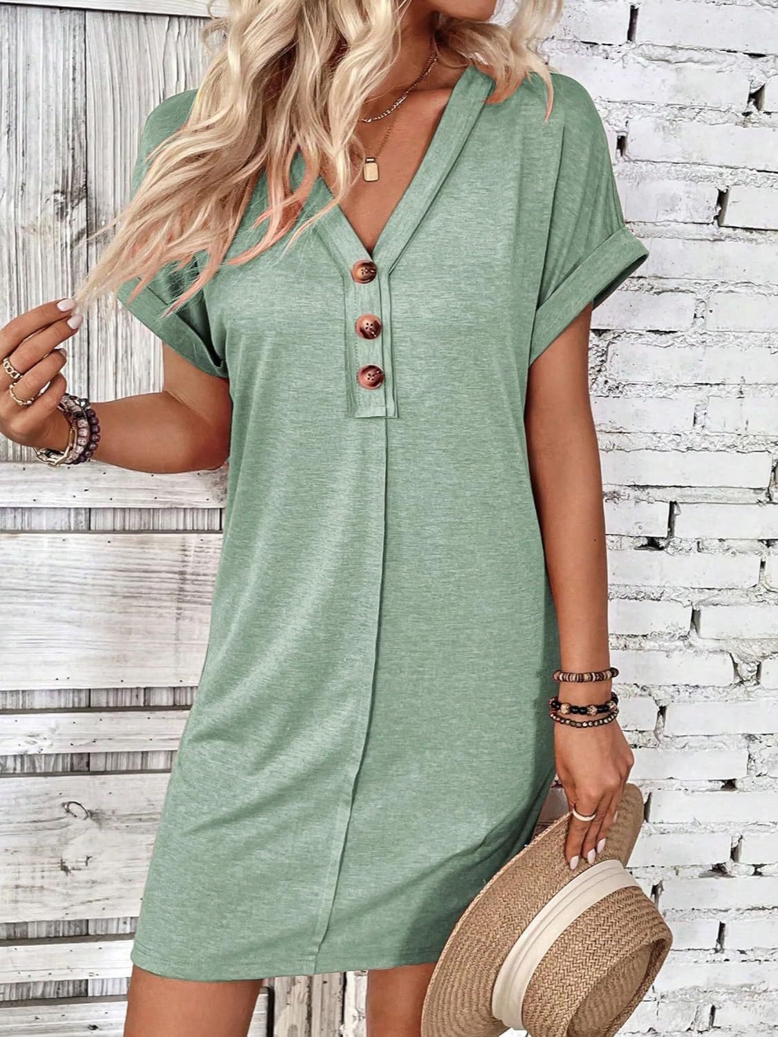 TEEK - Quarter Button V-Neck Short Sleeve Dress DRESS TEEK Trend   