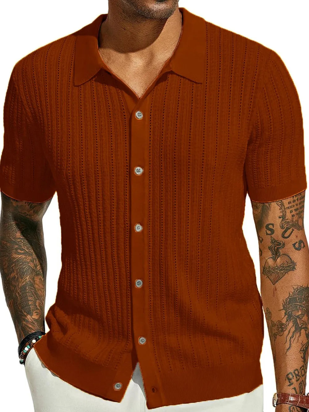 TEEK - Mens Openwork Button Down Collared Neck Shirt TOPS TEEK Trend Rust S