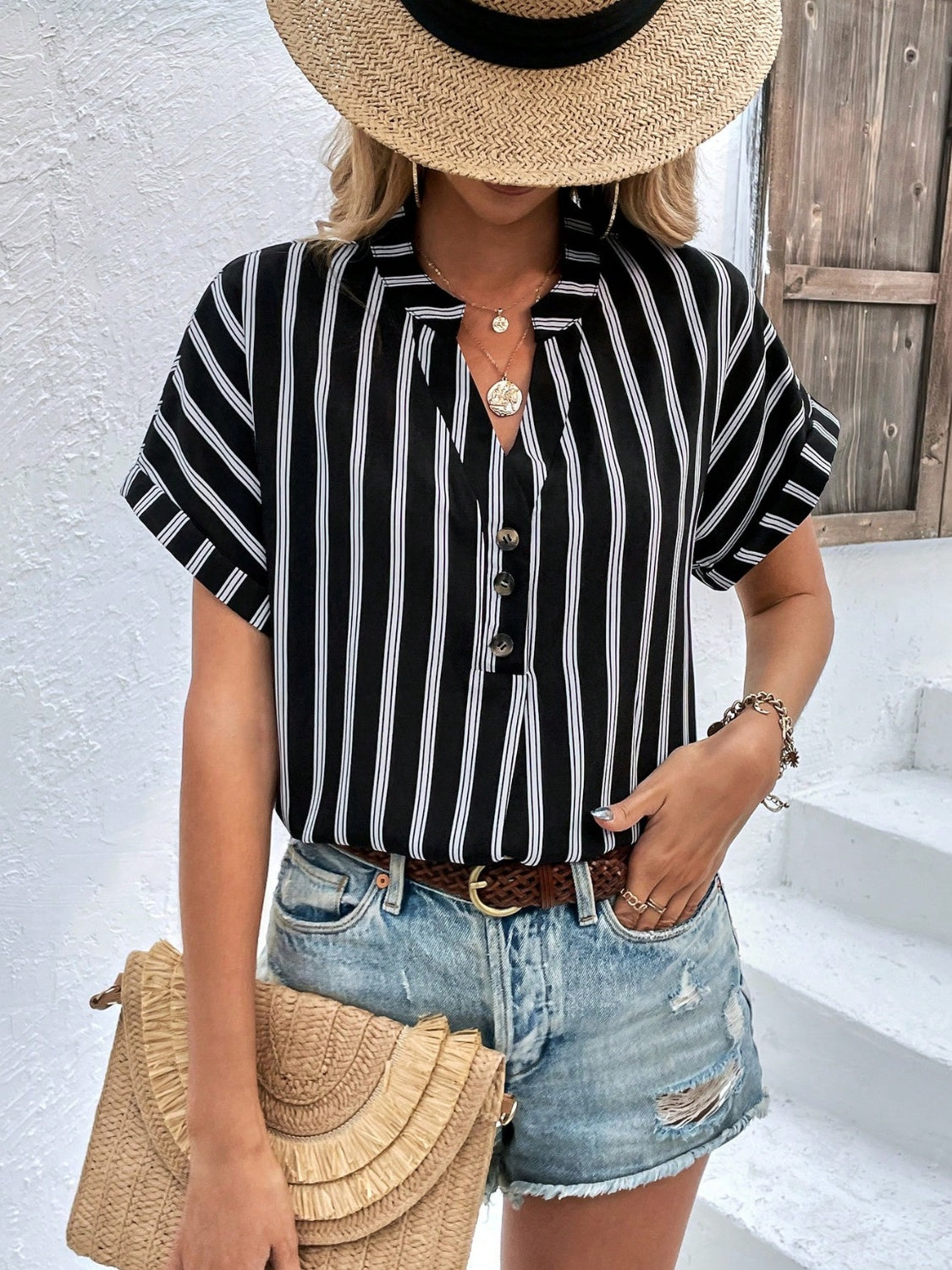 TEEK - Striped Button Notched Short Sleeve Blouse TOPS TEEK Trend Black S 