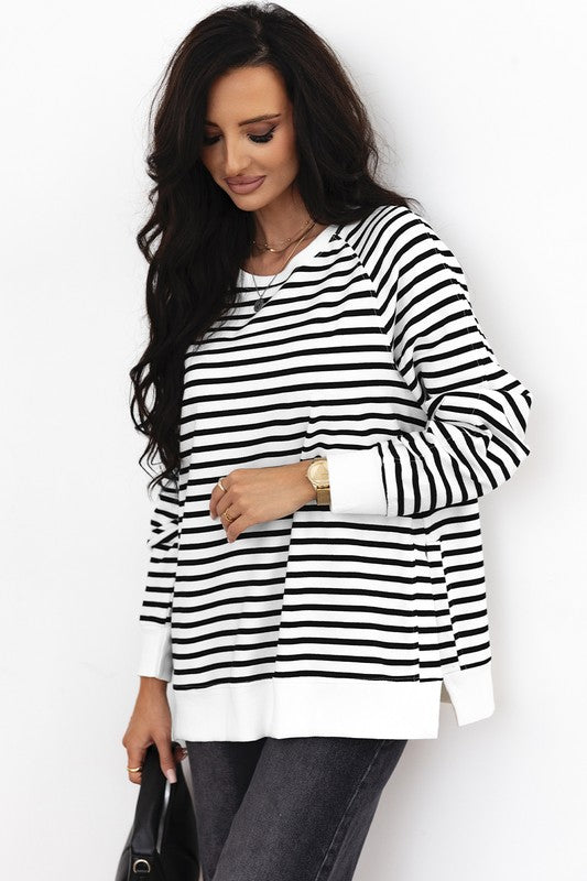 TEEK - Black Stripe Raglan Sleeve Side Slits Loose Sweatshirt TOPS TEEK FG