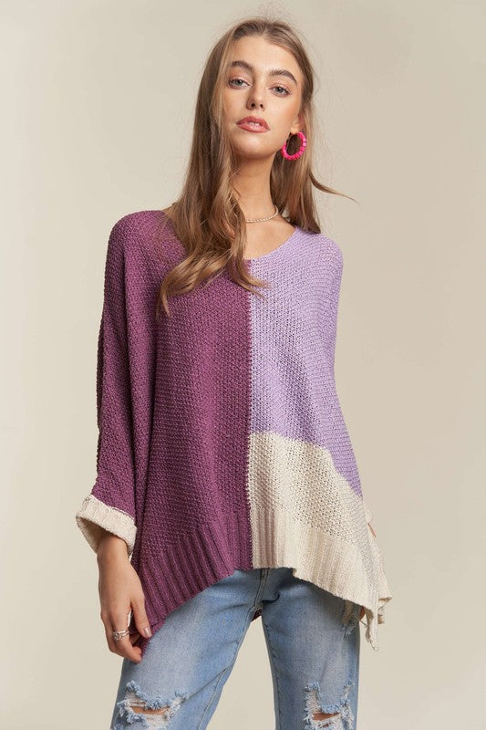 TEEK - Deep Purple Side Slit Color Block Long Sleeve Sweater TOPS TEEK Trend