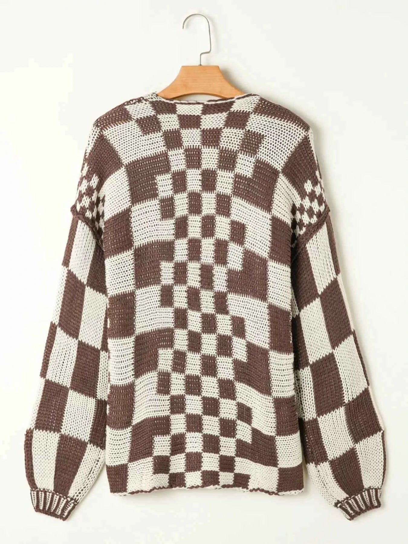 Checkerboard Pattern Sweater Cardigan Trendsi