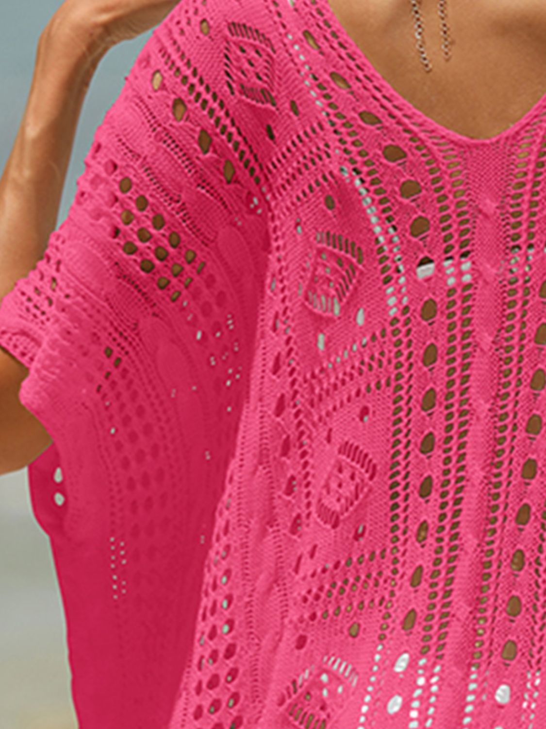 TEEK - Knit Mesh Half Sleeve Cover-Up DRESS TEEK Trend Hot Pink One Size 