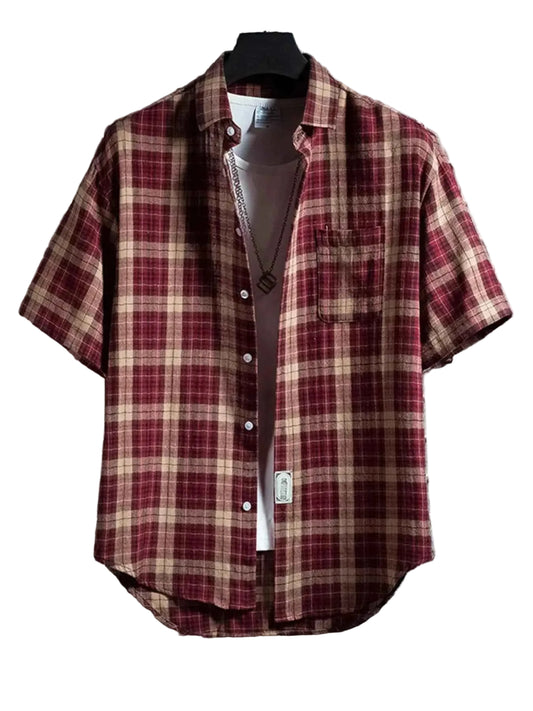 TEEK - Mens Plus Size Casual Plaid Short Sleeve Shirt TOPS TEEK Trend Red M