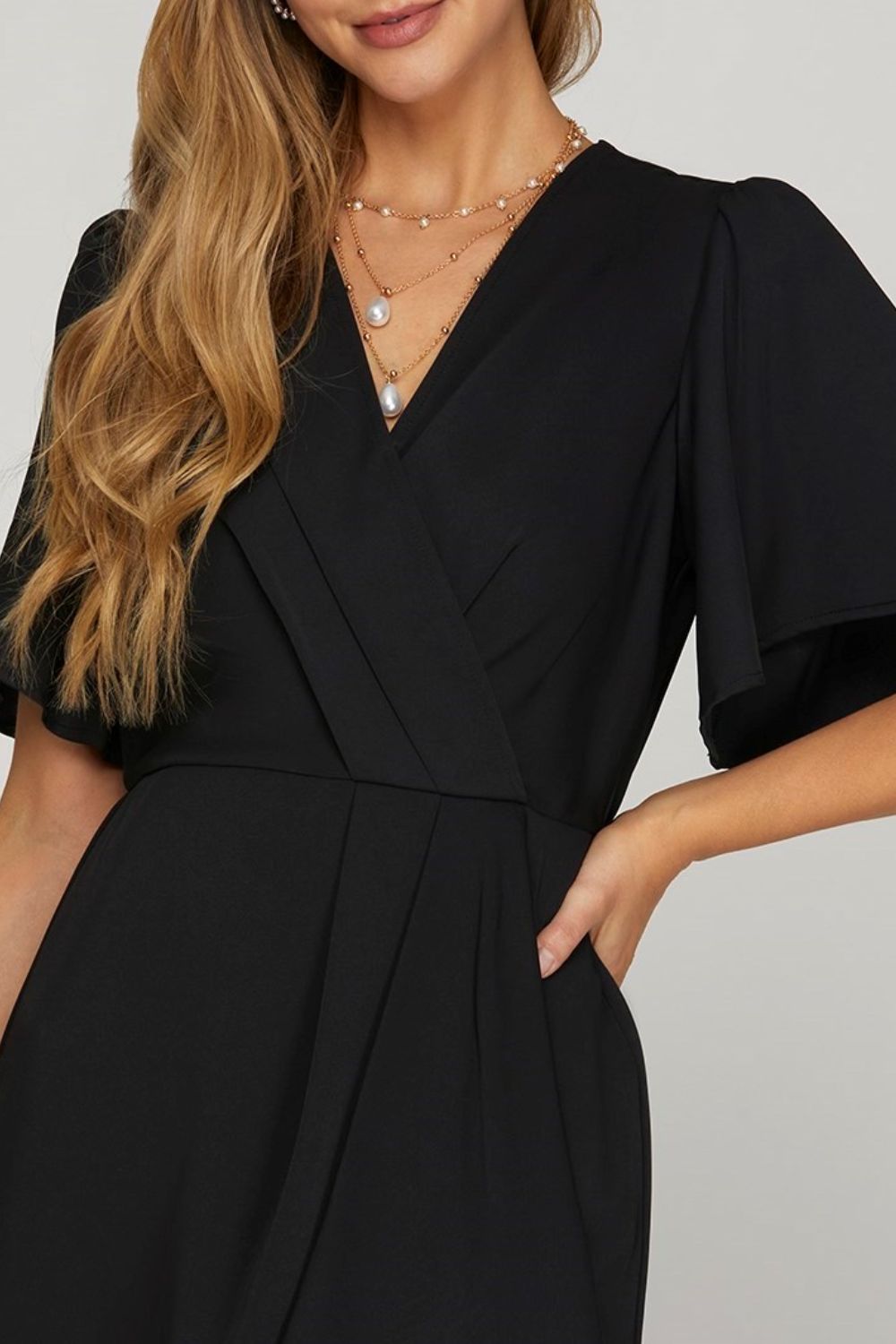TEEK - Black Ruffled Surplice Short Flutter Sleeve Dress DRESS TEEK Trend