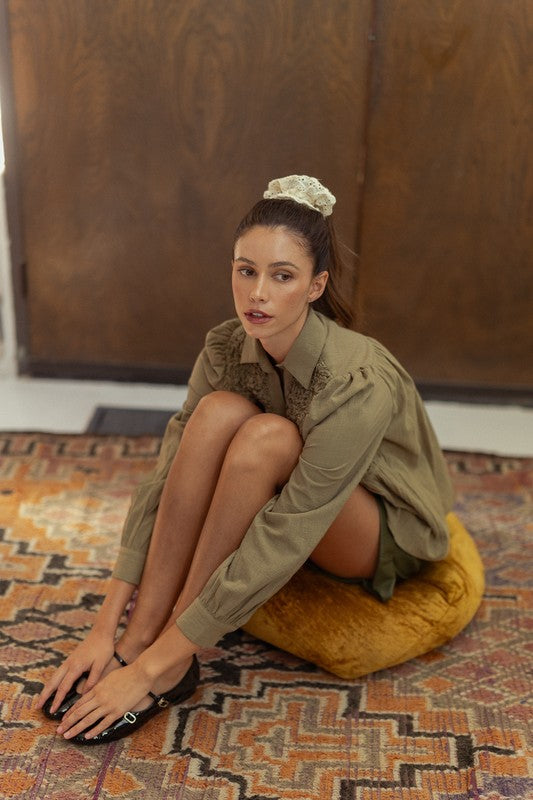 TEEK - Olive Smocked Front Long Sleeve Babydoll Blouse TOPS TEEK Trend