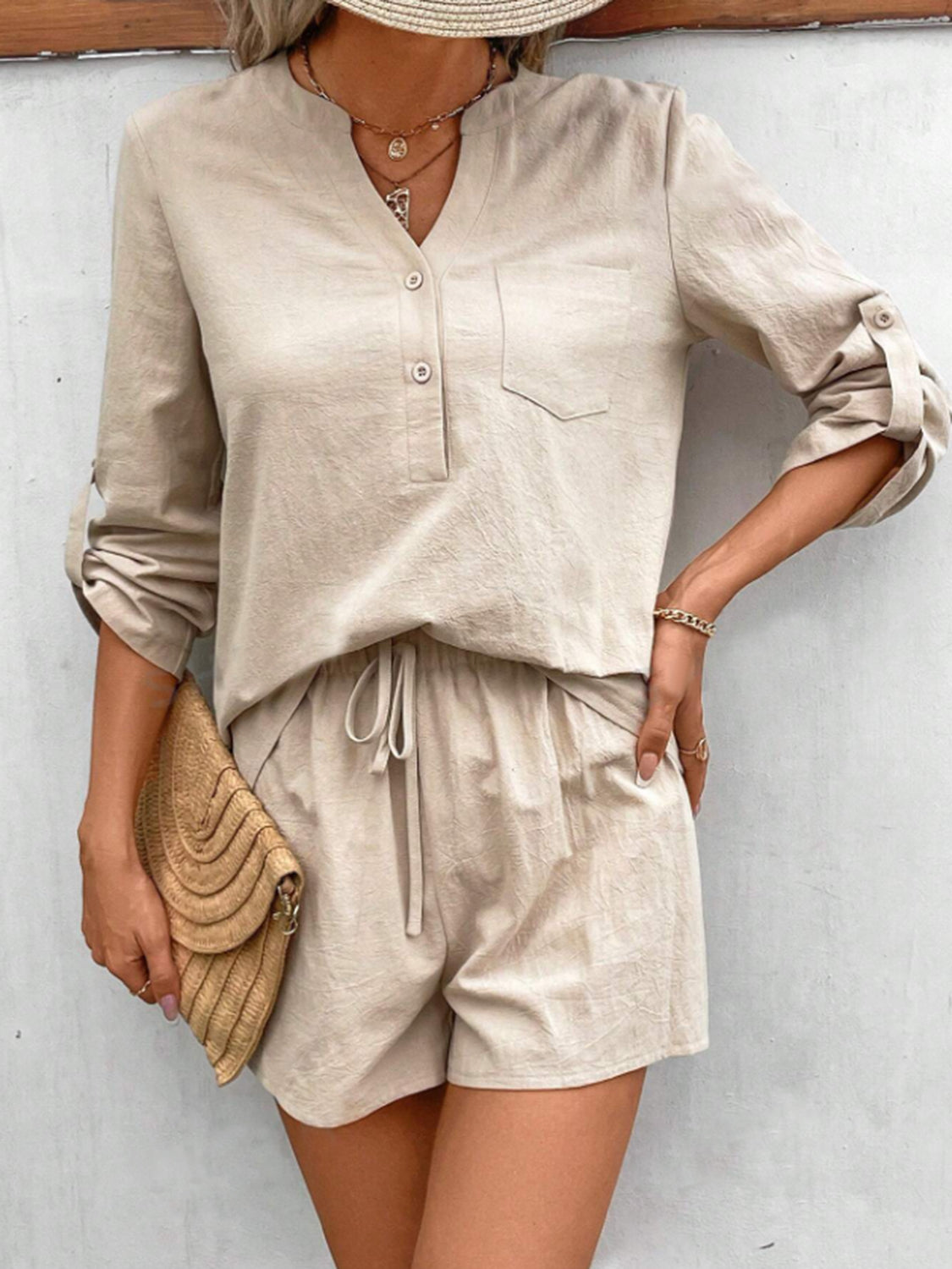 TEEK - Notched Long Sleeve Top and Shorts Set SET TEEK Trend   