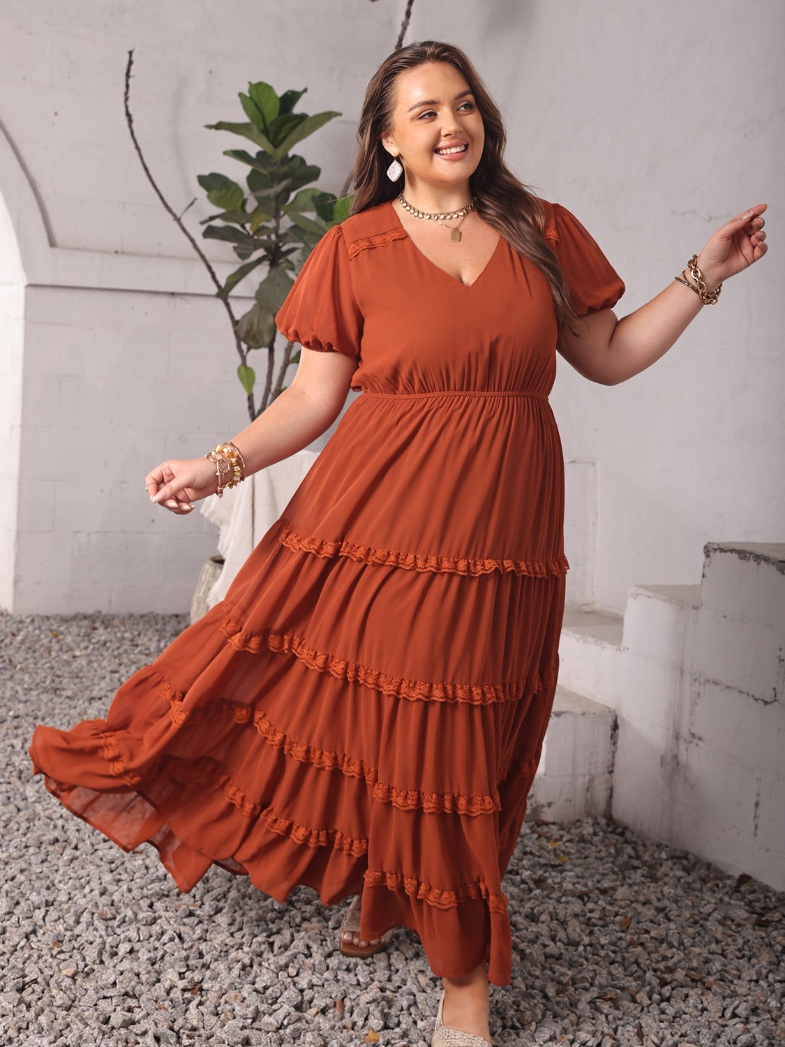 TEEK - Plus Size Rust Ruched Lace Detail V-Neck Dress DRESS TEEK Trend   