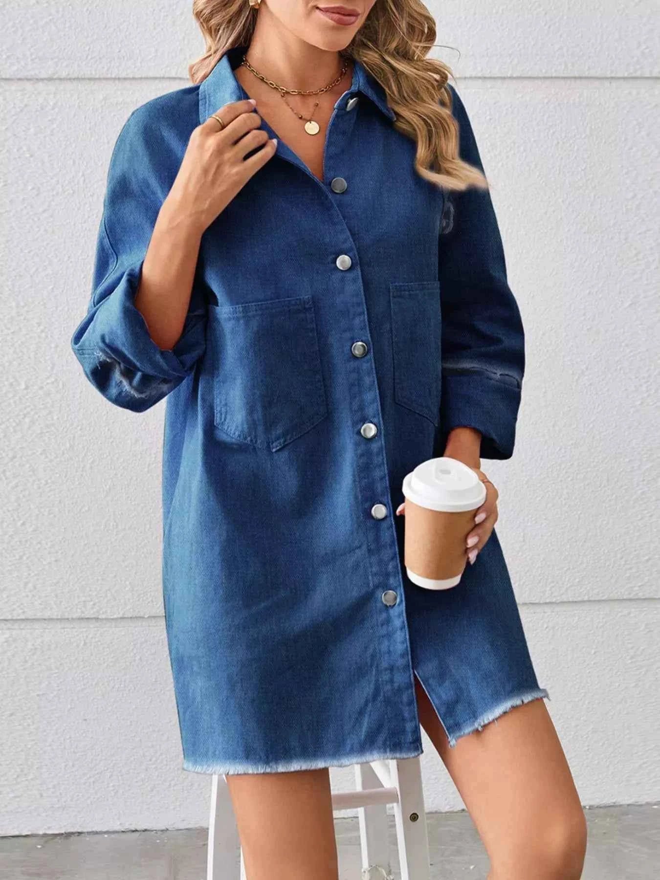 TEEK - Button-Down Raw Hem Denim Dress DRESS TEEK Trend