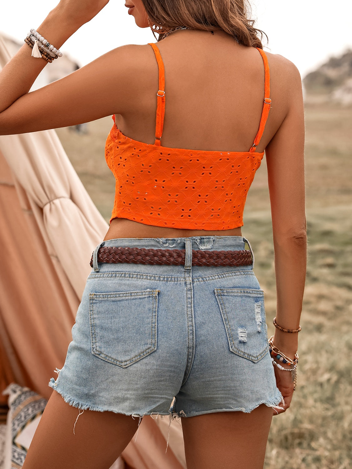 TEEK - Orange Tied Ruffled Eyelet V-Neck Cami TOPS TEEK Trend   