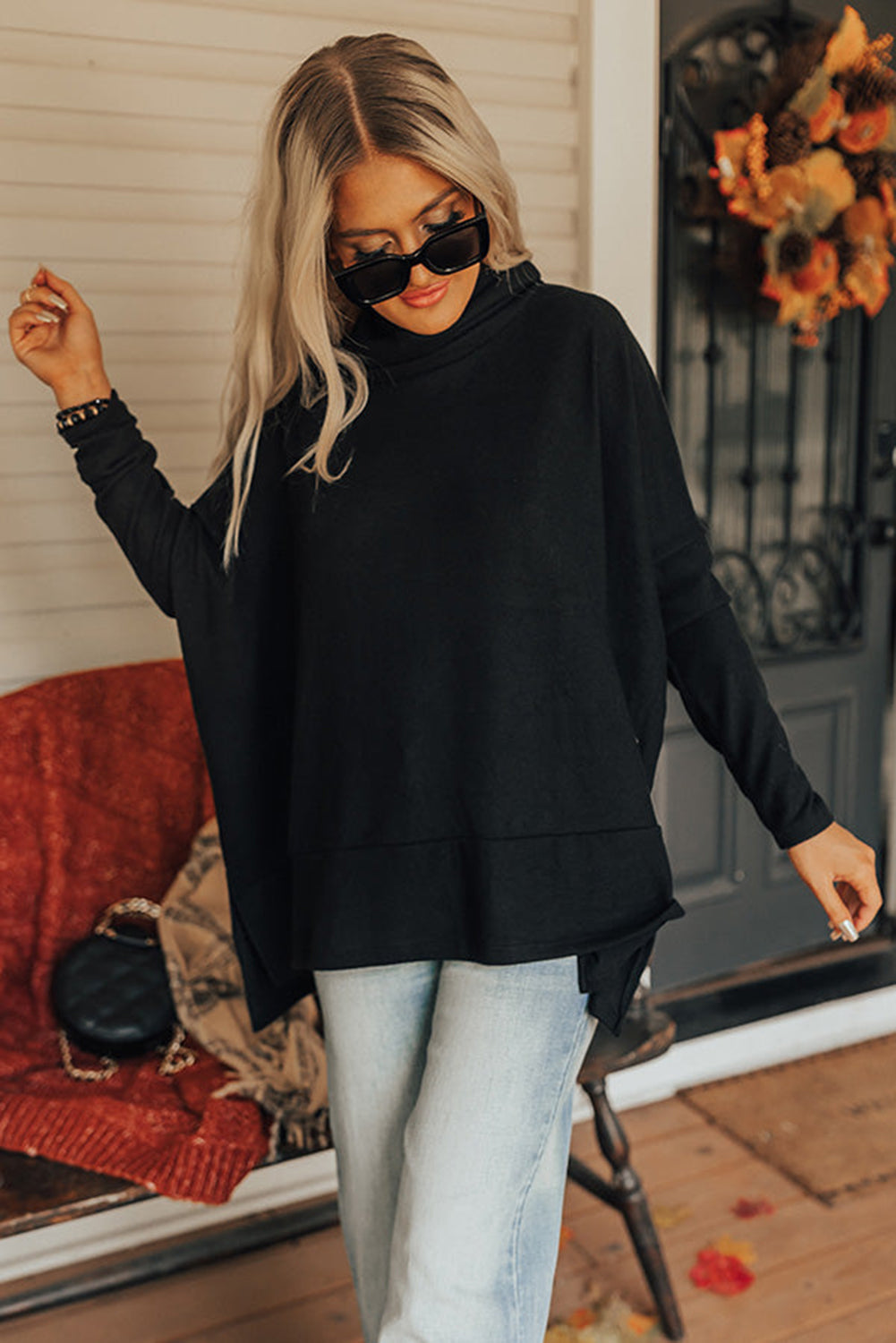 TEEK - Side Slit High-Low Cowl Neck Long Sleeve Top TOPS TEEK Trend