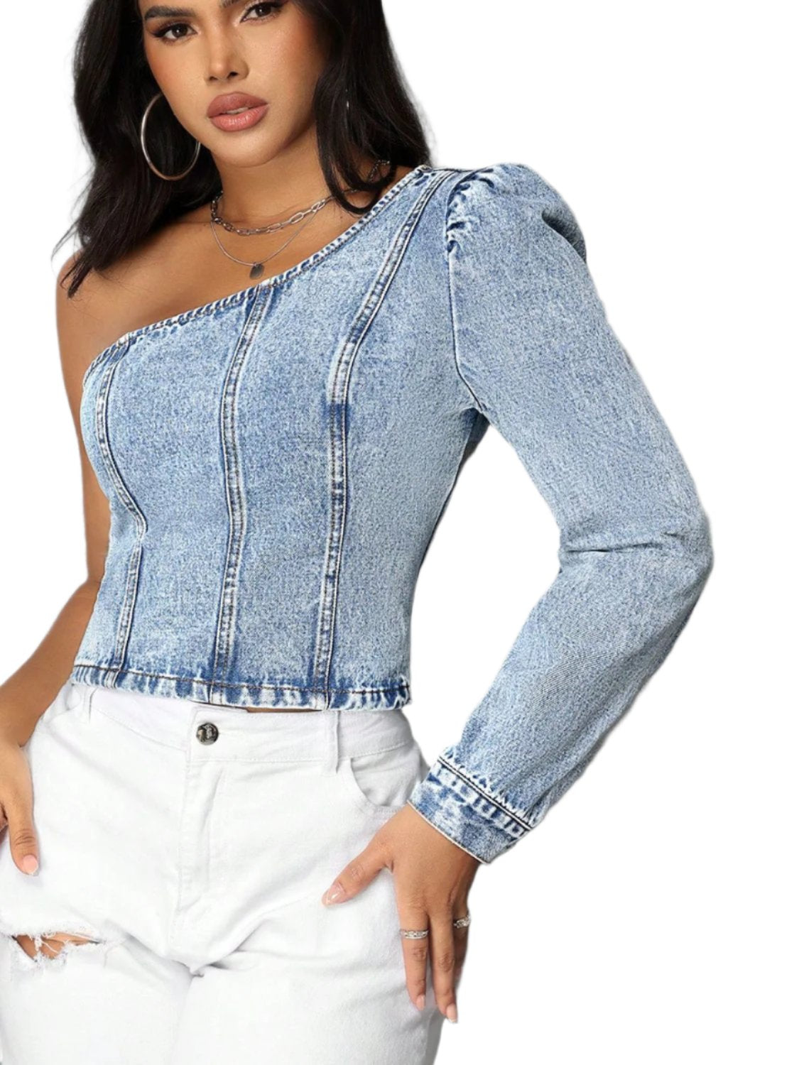 TEEK - One Shoulder Long Sleeve Denim Top TOPS TEEK Trend S  