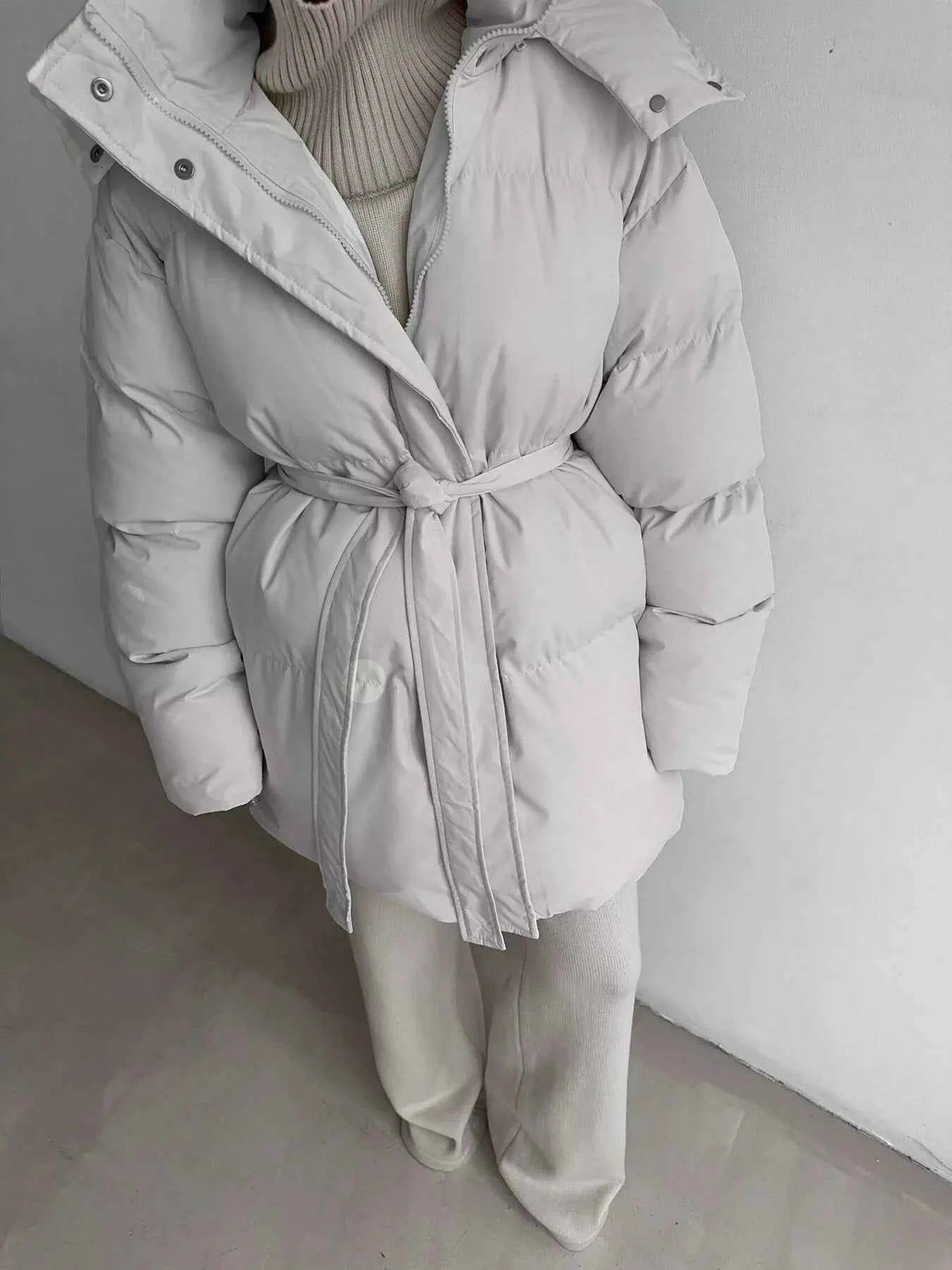 TEEK - Mid-Length Thickened Hooded Winter Belted Coat COAT TEEK Trend Ivory White S