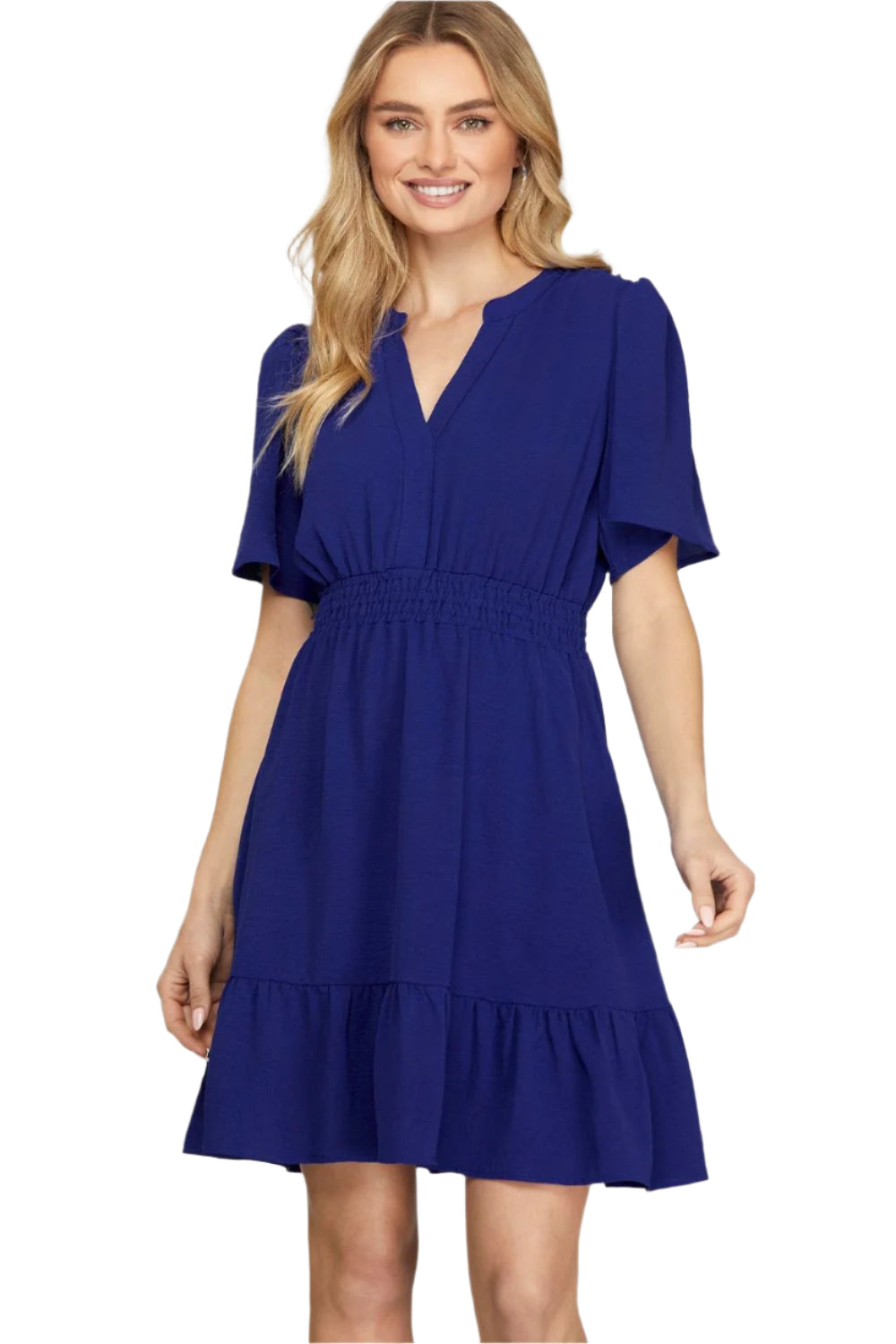 TEEK - Navy Ruffled Hem Notched Flutter Sleeve Dress DRINKING GLASS TEEK Trend S