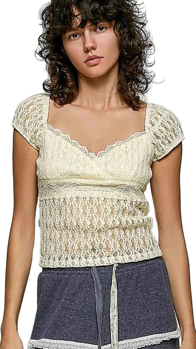 POL Sweetheart Neck Lace Short Sleeve Top Trendsi NATURAL S