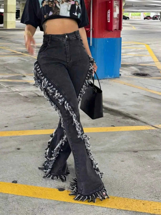 TEEK - Frayed Trim High Waist Flare Jeans JEANS theteekdotcom
