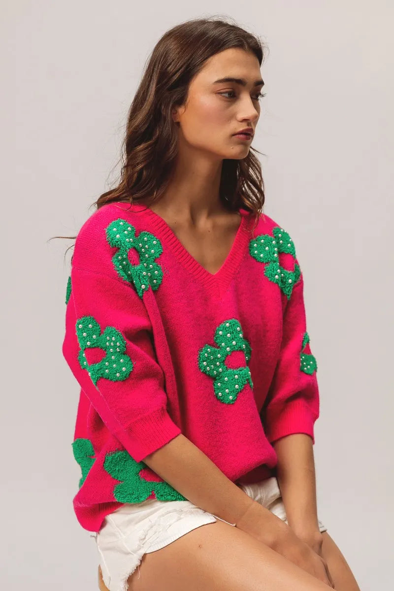 TEEK - Fuchsia Jade Pearl Beads Flowers Sweater Top TOPS TEEK Trend