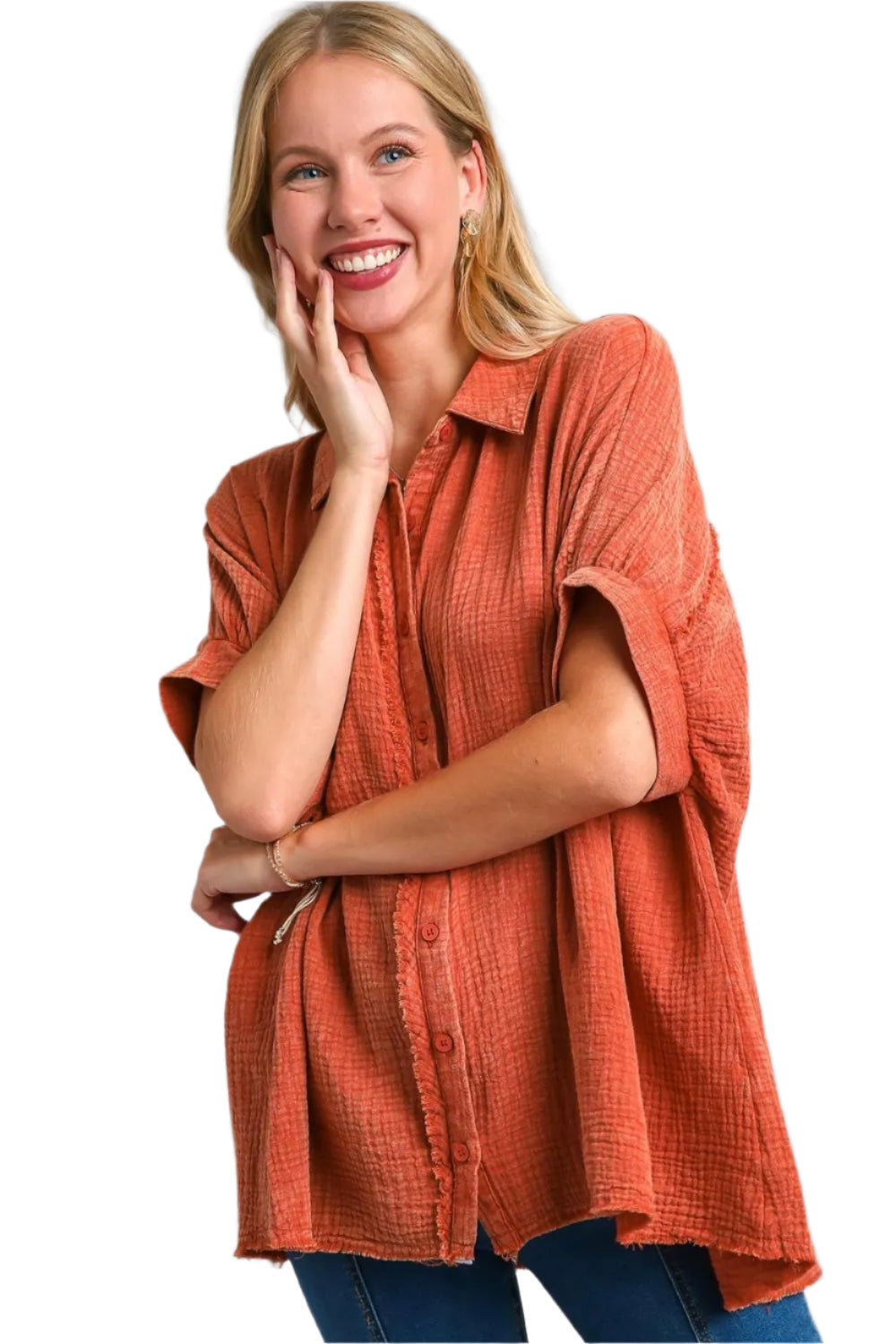 TEEK - Orange Red Mineral Wash Button Down Shirt TOPS TEEK Trend S