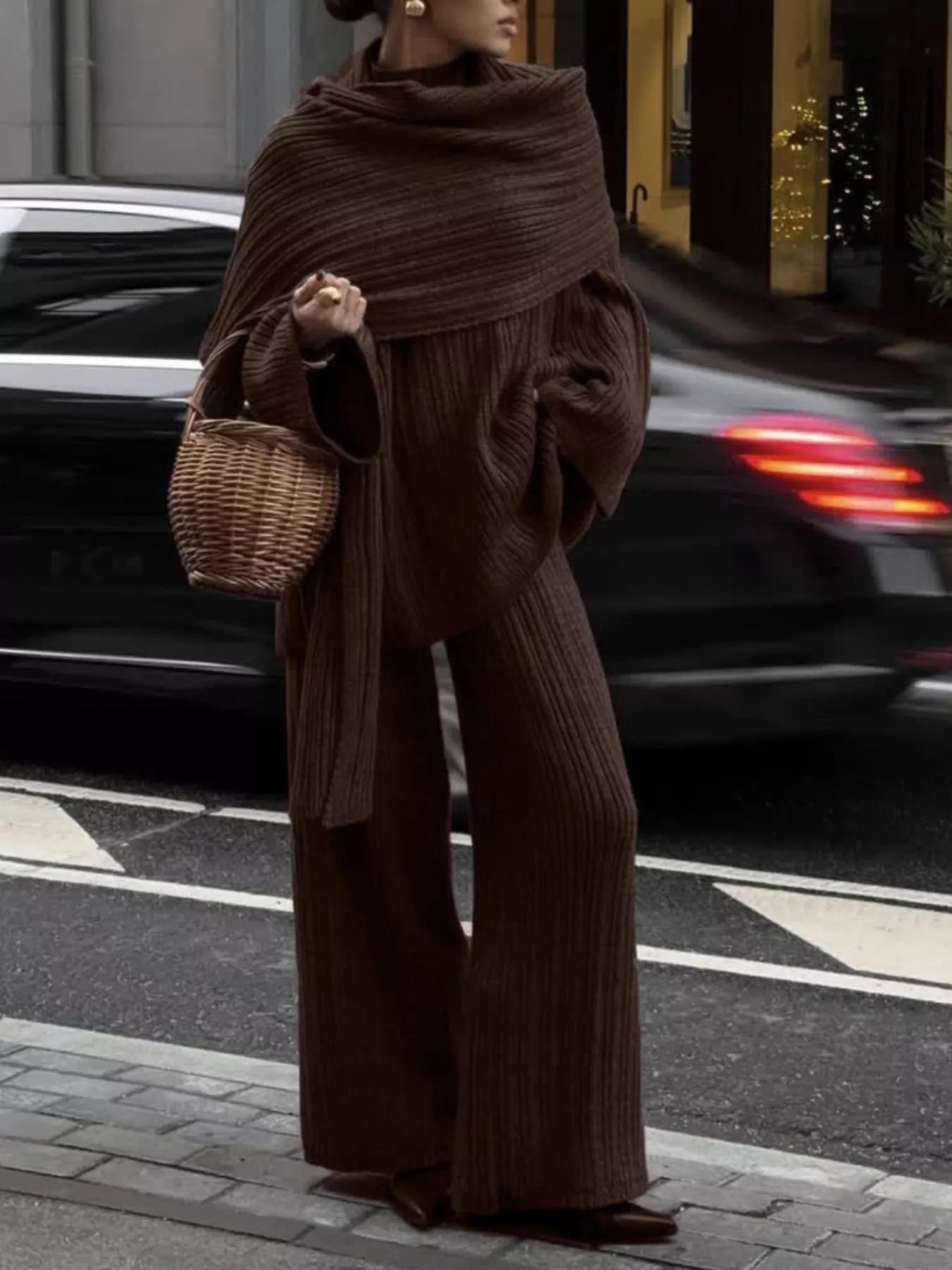 3-Piece Crew Neck Ribbed Sweater and Wide-Leg Pants Set with Scarf Trendsi Dark Brown One Size