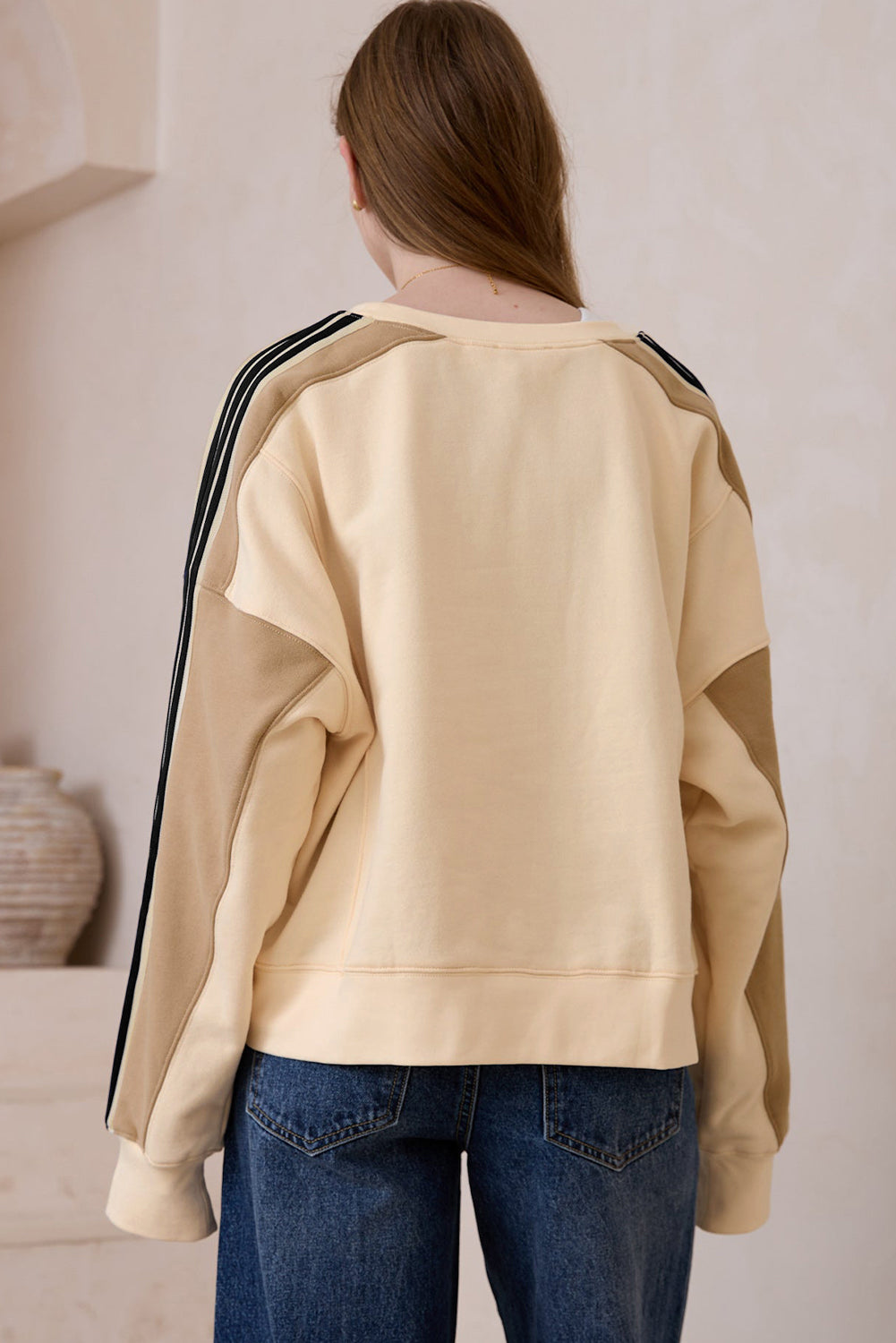 TEEK - Beige Contrast Round Neck Long Sleeve Sweatshirt TOPS TEEK Trend