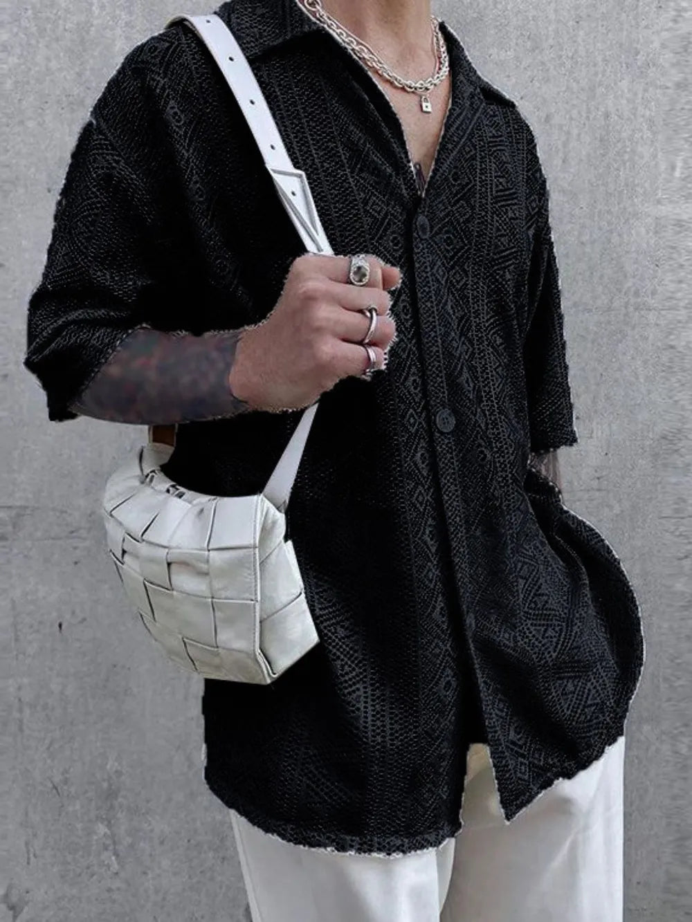 TEEK - Mens Mesh Llace Half Sleeve Button Down Shirt | Plus Sizes TOPS TEEK Trend Black S