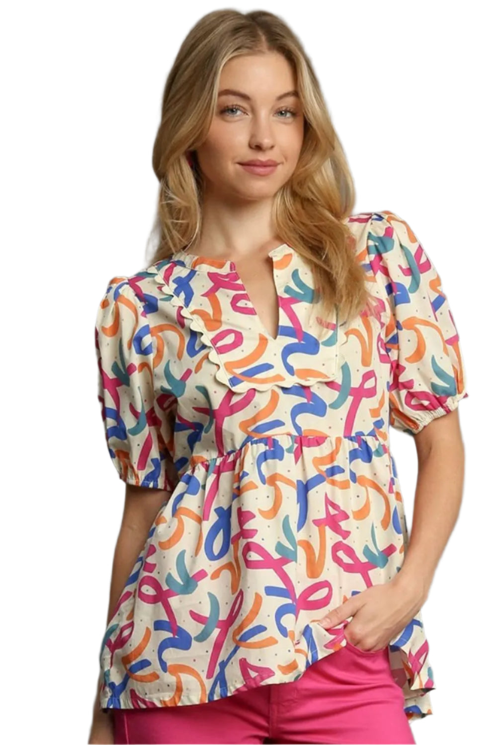 TEEK - Confetti Mixed Print Puff Sleeve Babydoll Blouse TOPS TEEK Trend S