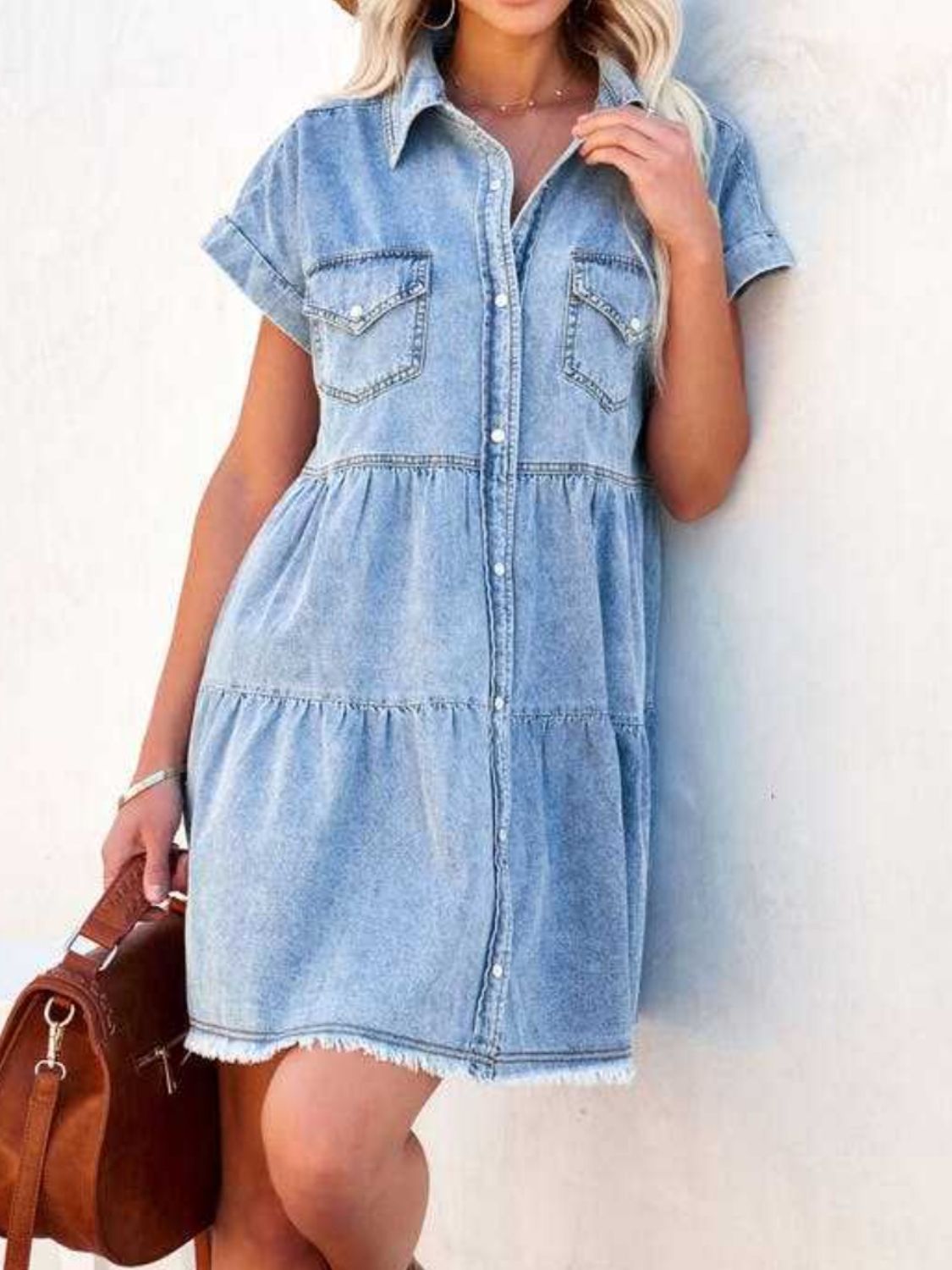 TEEK - Raw Hem Short Sleeve Denim Dress DRESS TEEK Trend   