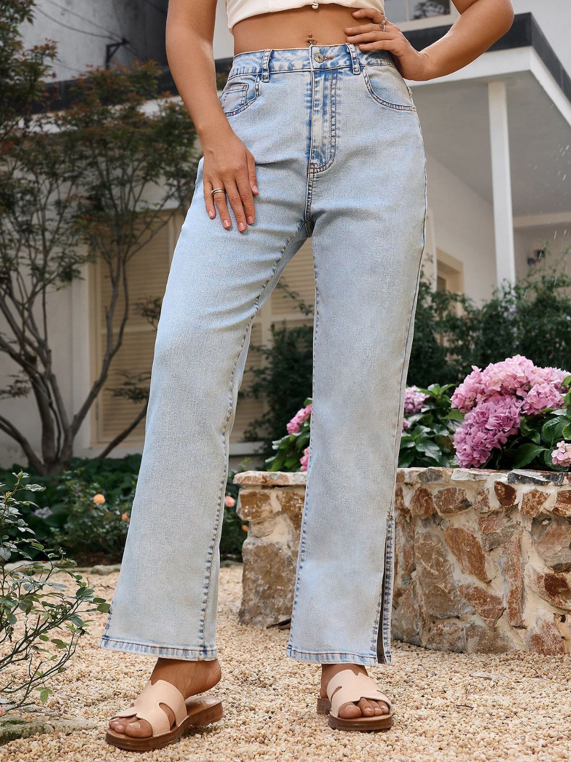 TEEK - Side Slit Straight Leg Jeans with Pockets JEANS TEEK Trend