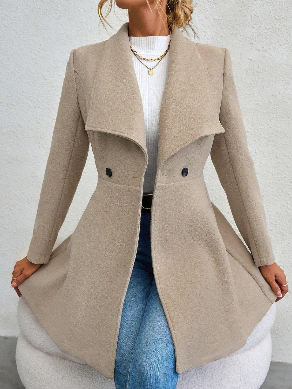 Collared Neck Button Up Long Sleeve Coat TEEK Trend