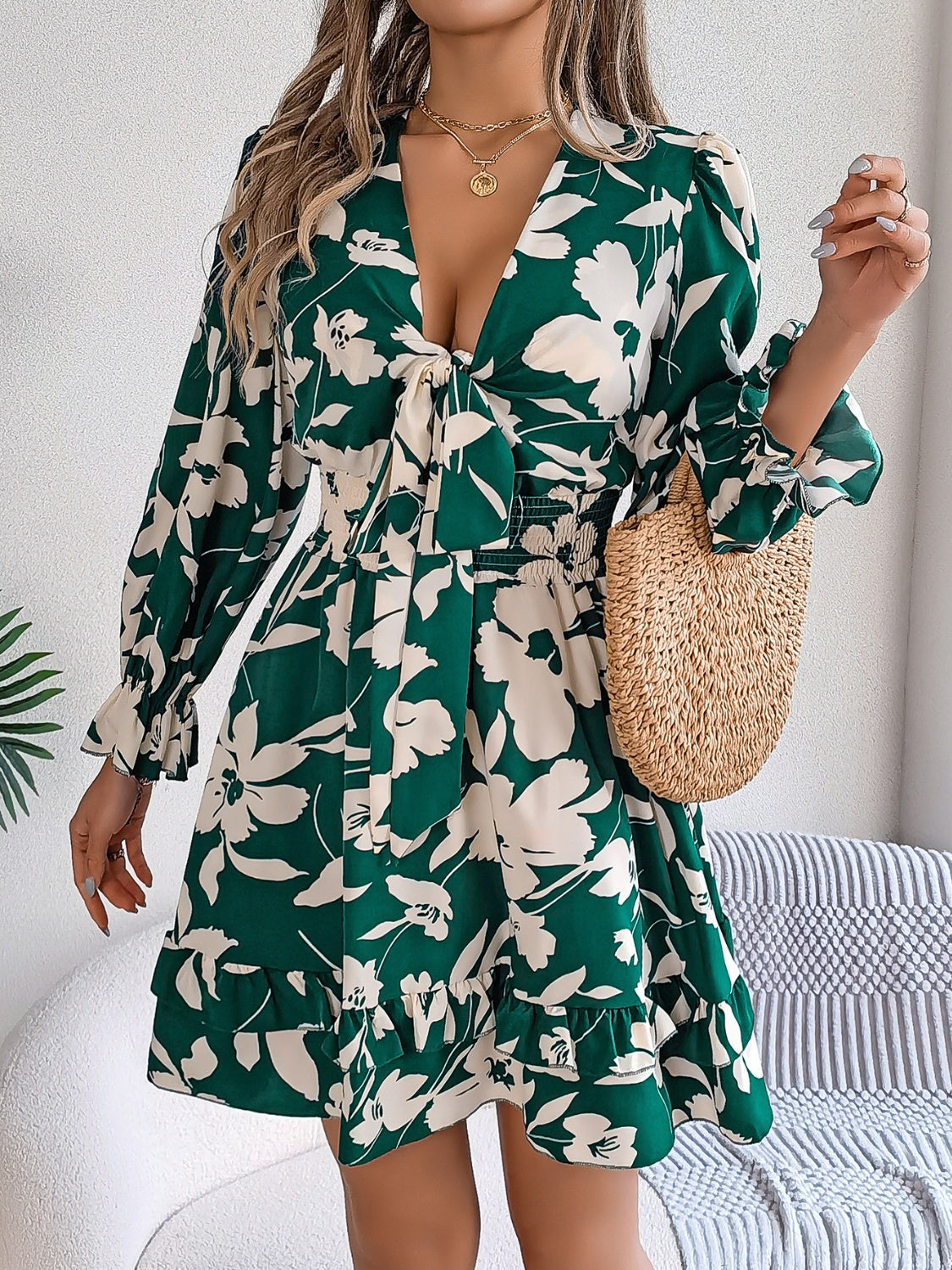 TEEK - Tied Ruffled Printed Long Sleeve Dress DRESS TEEK Trend   