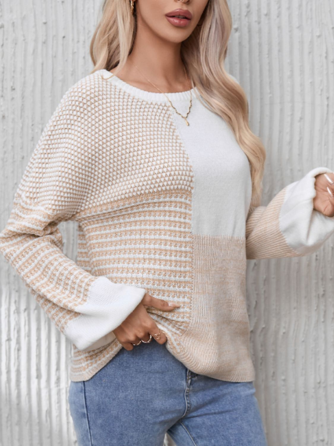 Contrast Round Neck Long Sleeve Sweater TEEK Trend