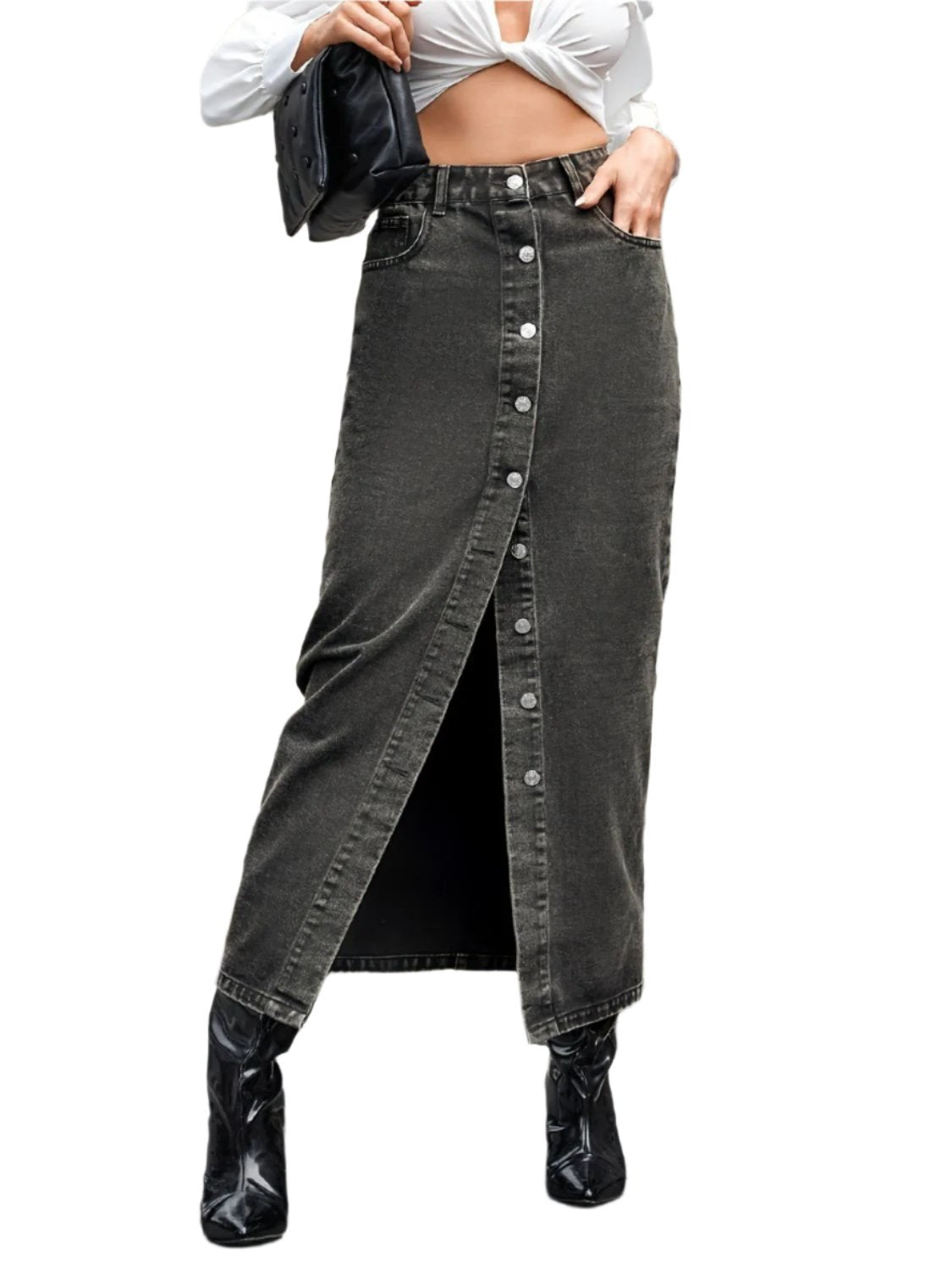 TEEK - Dark Grey Button Up High Rise Denim Skirt SKIRT TEEK Trend XS