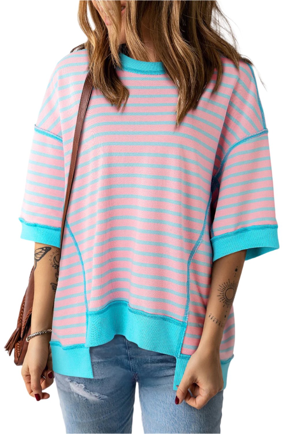 TEEK - Blush Pink Striped Round Neck Half Sleeve Shirt TOPS TEEK Trend S  