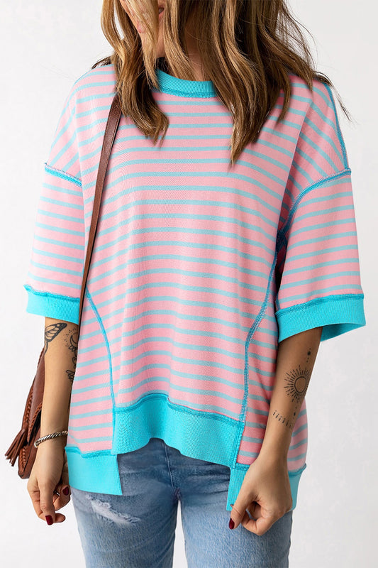 TEEK - Blush Pink Striped Round Neck Half Sleeve Shirt TOPS TEEK Trend S  
