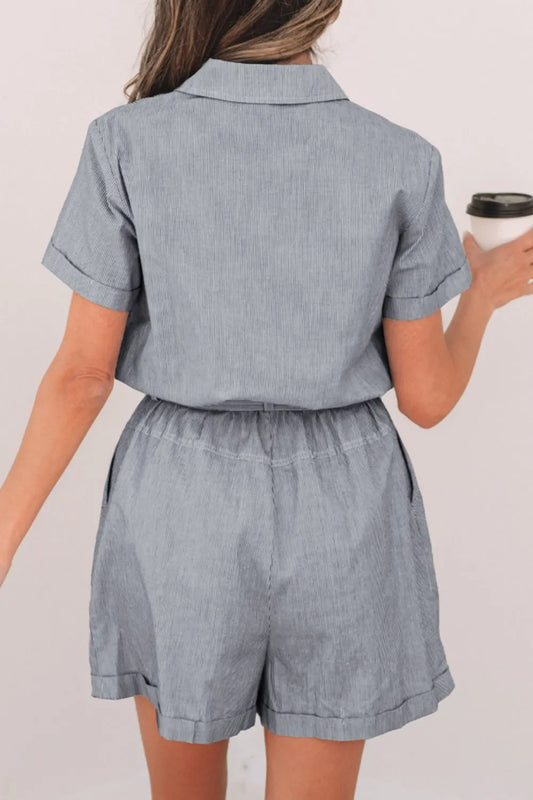 TEEK - Striped Chest Pockets Tie Waist Romper JUMPSUIT TEEK Trend