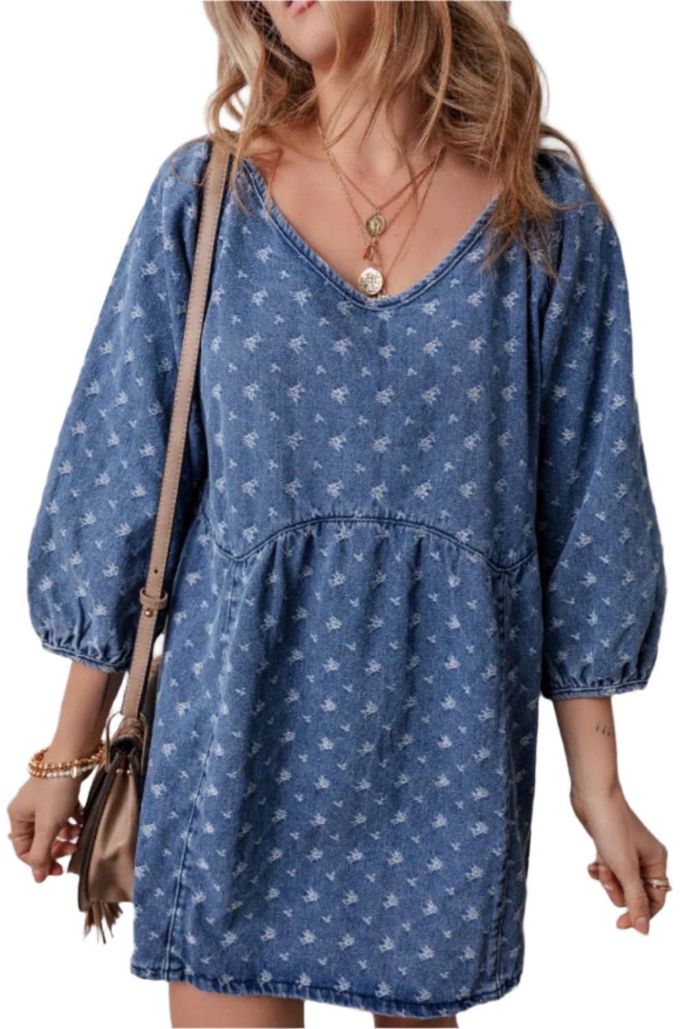 TEEK - Tied V-Neck Three-Quarter Sleeve Denim Dress DRESS TEEK Trend M