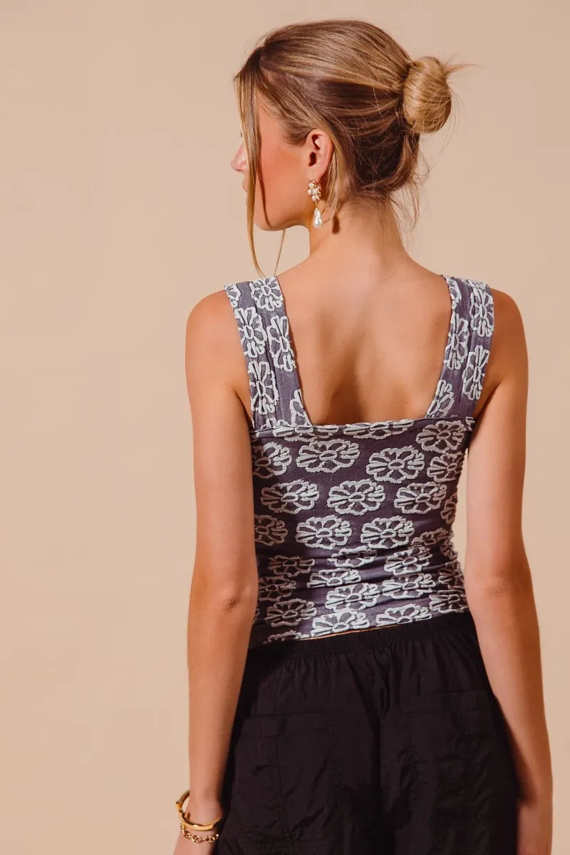 TEEK - Charcoal Blue Two Tone Floral Seamless Tank Top TOPS TEEK Trend
