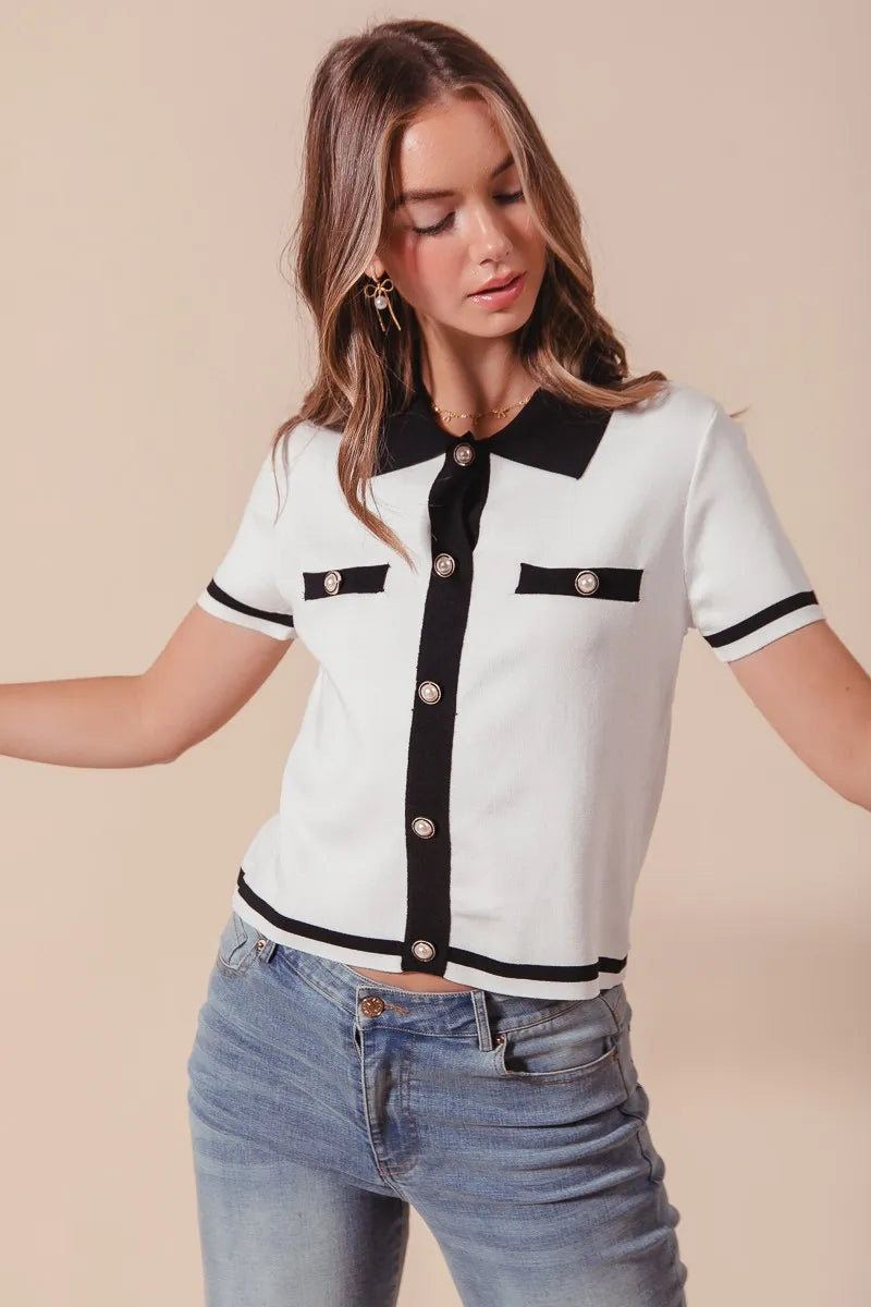 TEEK - Ivory Black Button Down Knitted Sweater Shirt Top TOPS TEEK Trend