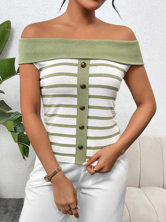 Decorative Button Striped Off-Shoulder Knit Top  TEEK Trend Light Green S 