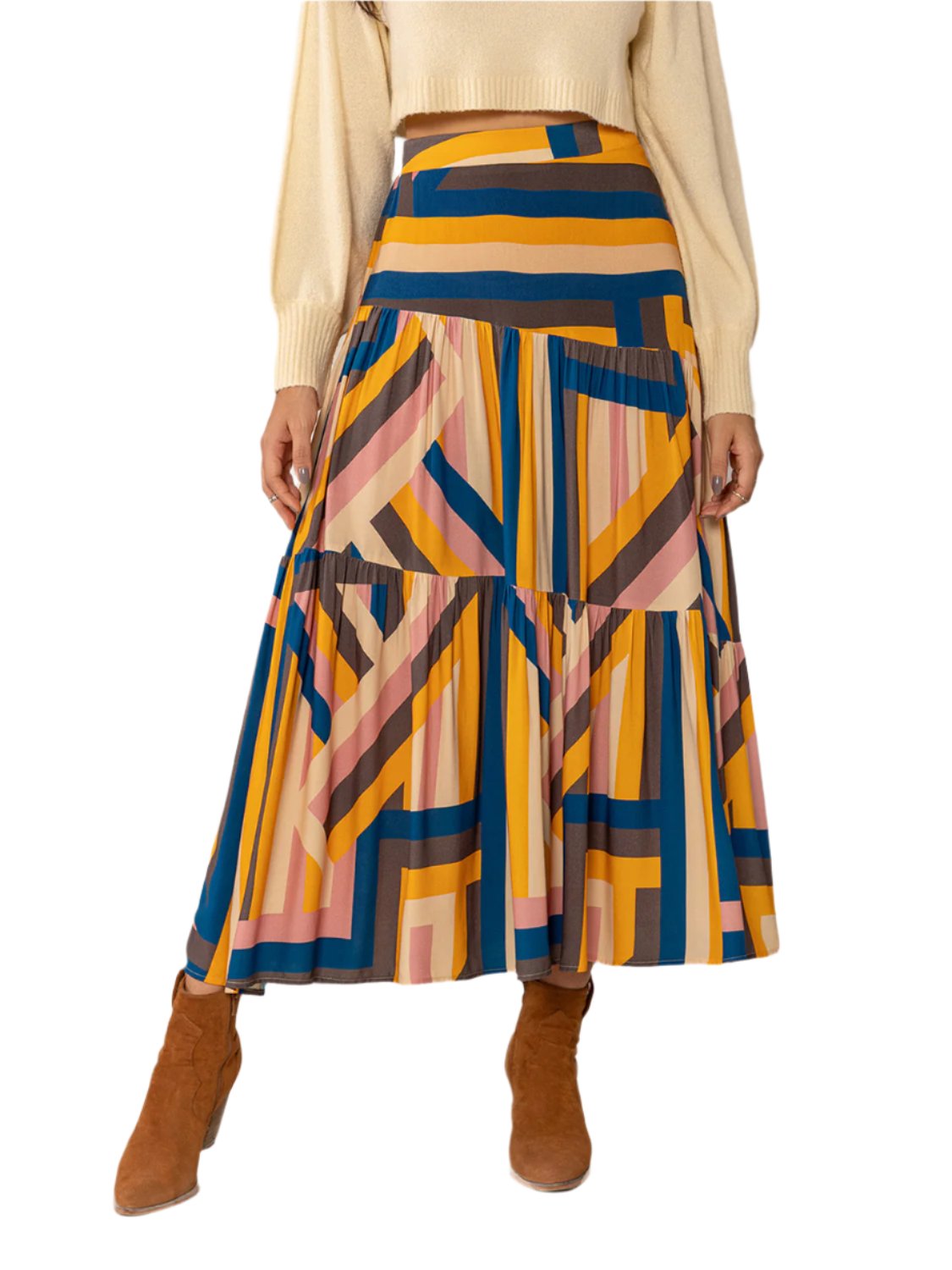 Ruched Elastic Waist Contrast Midi Skirt TEEK Trend Multicolor S