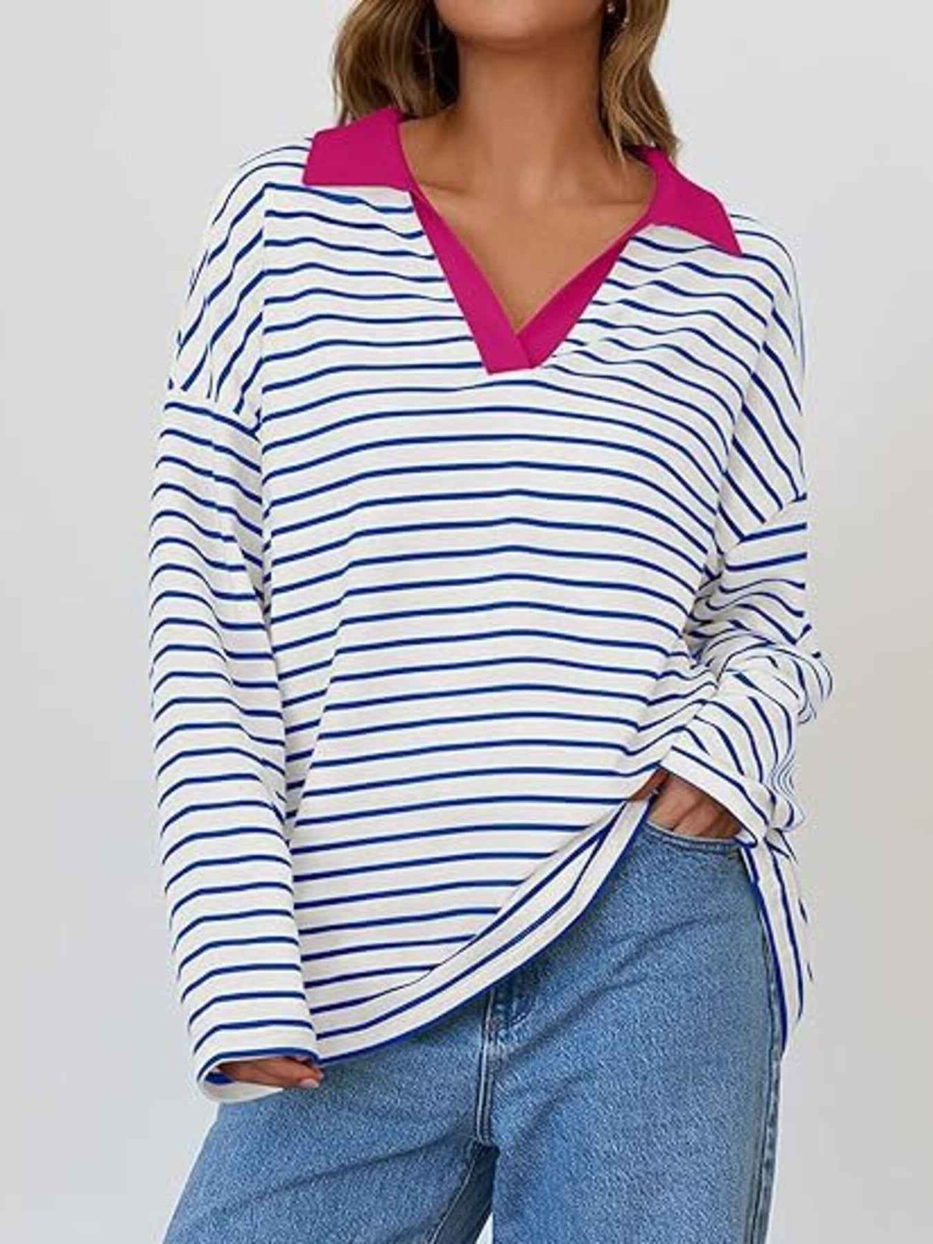 Striped Contrast Collar Long Sleeve Top Trendsi