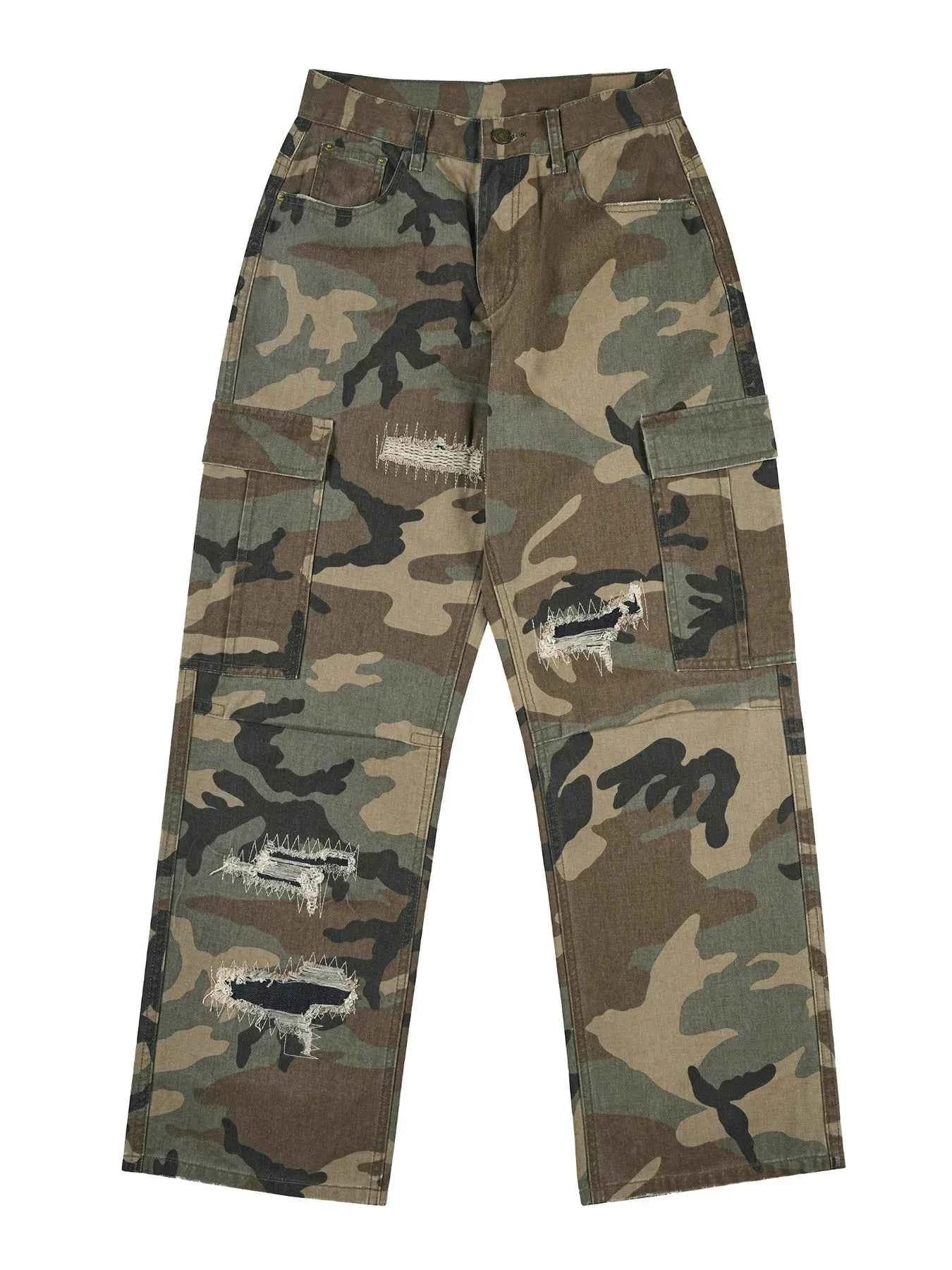 TEEK - Mens Ripped Patch Embroidery Camo Cargo Pants PANTS TEEK Trend