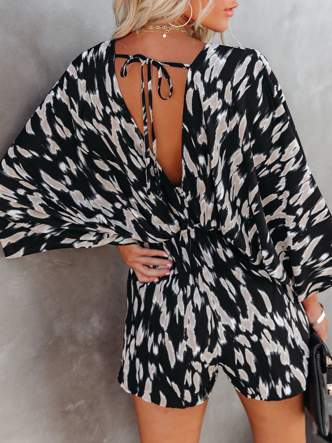 TEEK - Tied Printed Kimono Sleeve Romper JUMPSUIT TEEK Trend   