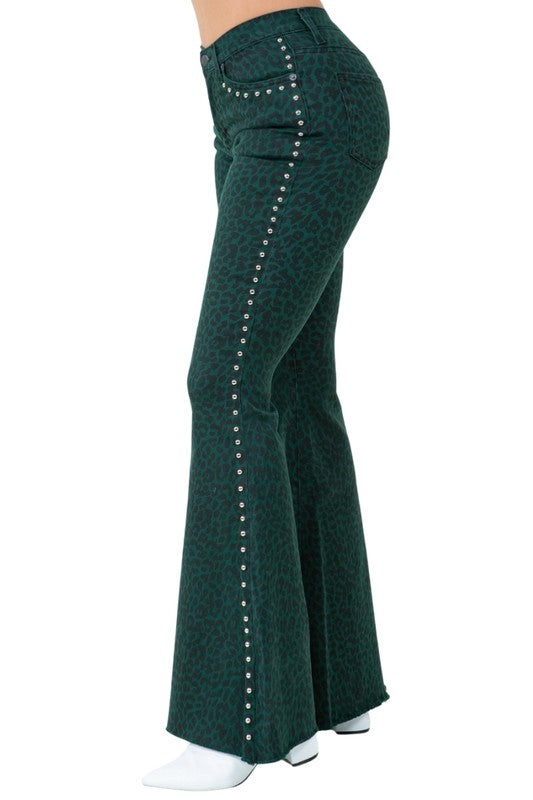 TEEK - Green Leopard Studded Bell Bottom Jeans JEANS TEEK FG