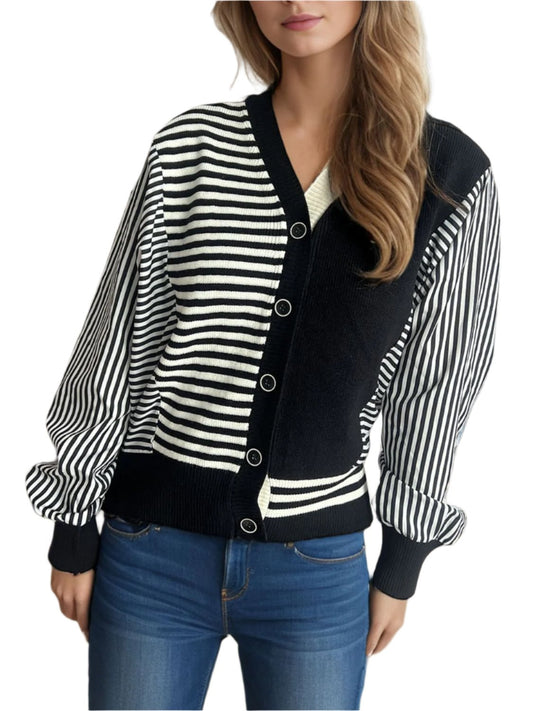 Striped Button Down Long Sleeve Cardigan TEEK Trend Black One Size