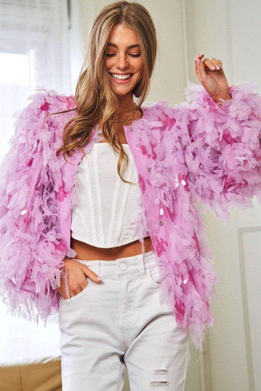 TEEK - Pink Fluffy Tiered Ruffle Long Sleeve Jacket JACKET TEEK FG S  