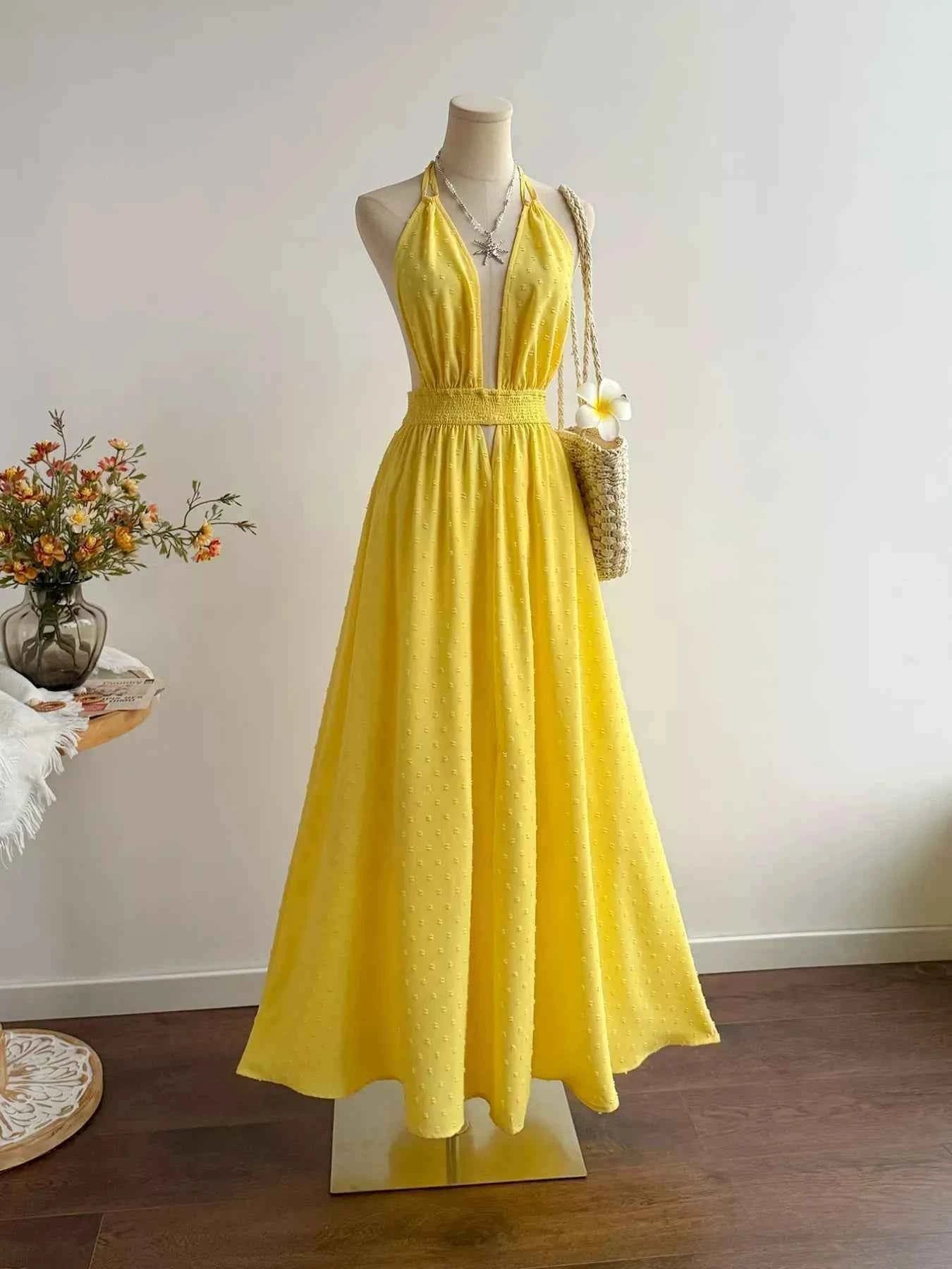 Swiss Dot Halter Neck Dress Trendsi