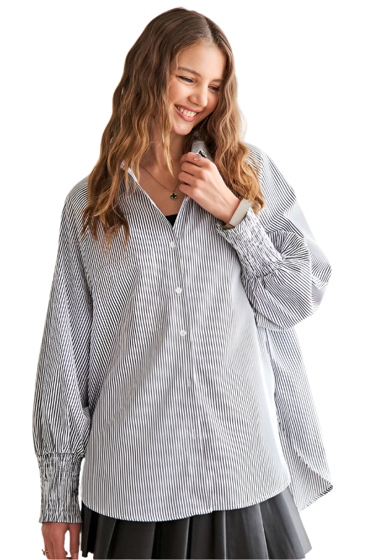 TEEK - Grey High-Low Striped Button Down Smocked Lantern Sleeve Shirt TOPS TEEK Trend S
